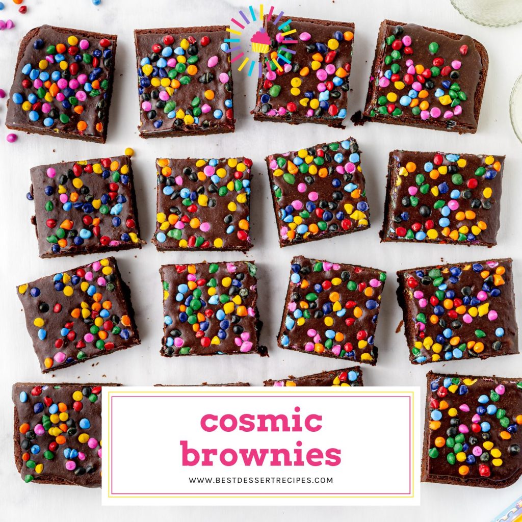 sliced cosmic brownies with text overlay for facebook