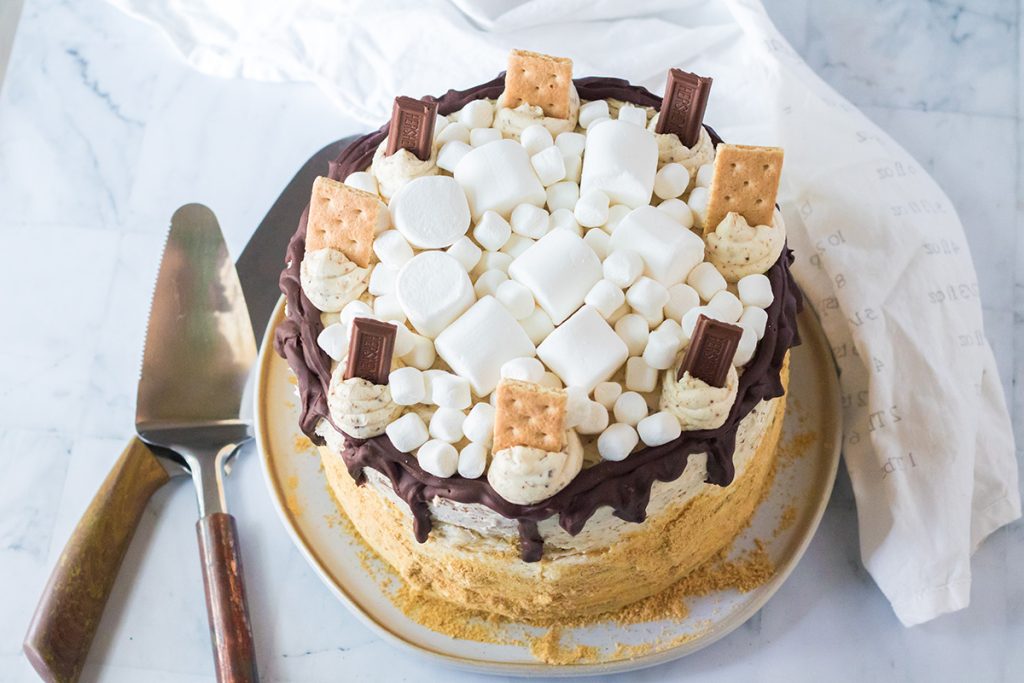 overhead shot of s'mores layer cake