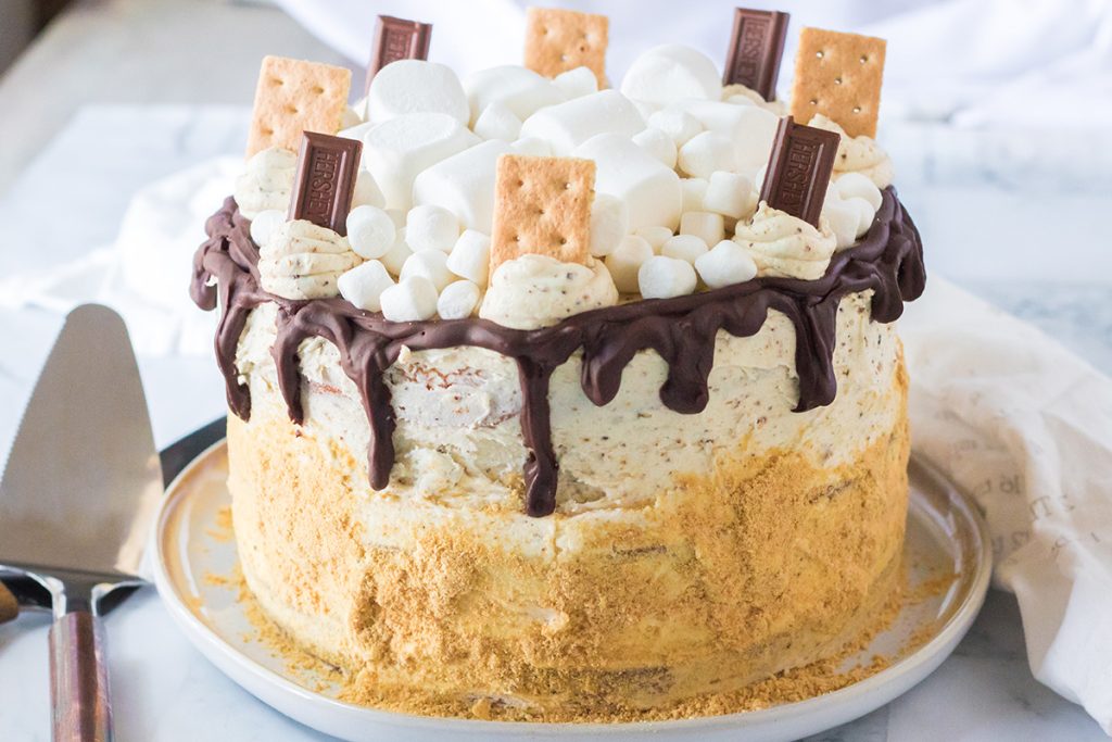 straight on shot of s'mores layer cake