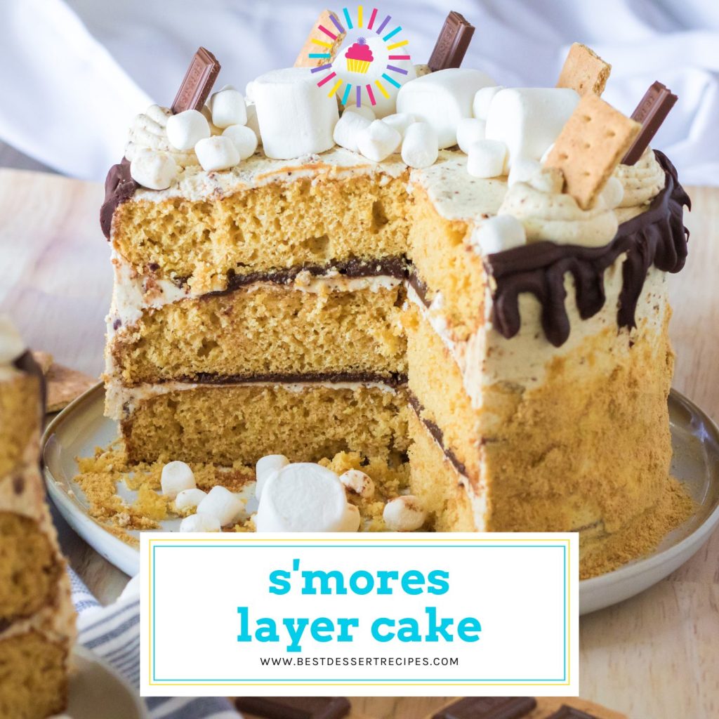 slice taken out of s'mores cake with text overlay for facebook