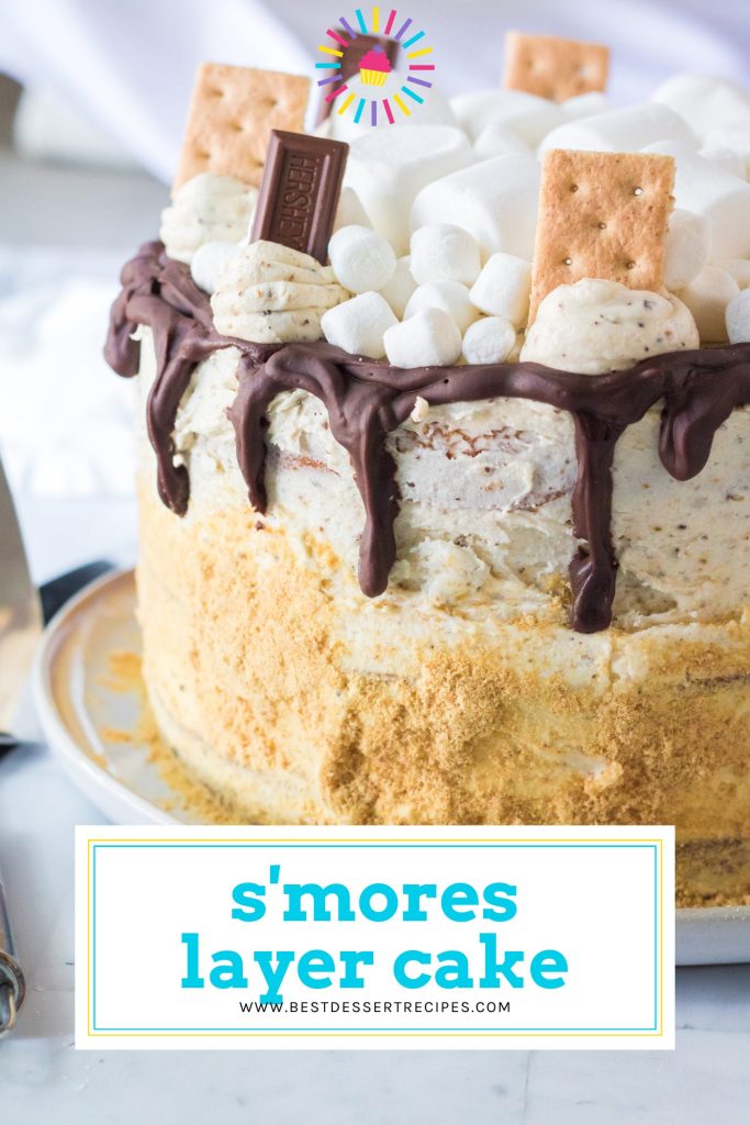 half shot of s'mores layer cake with text overlay for pinterest
