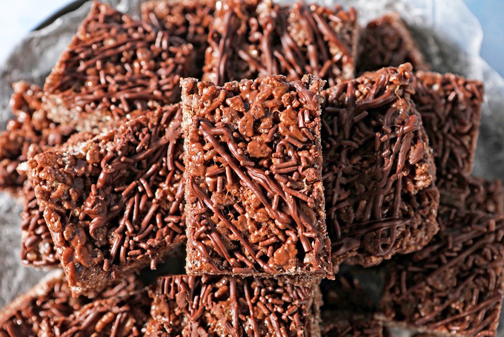 close up of chocolate rice krispie treats