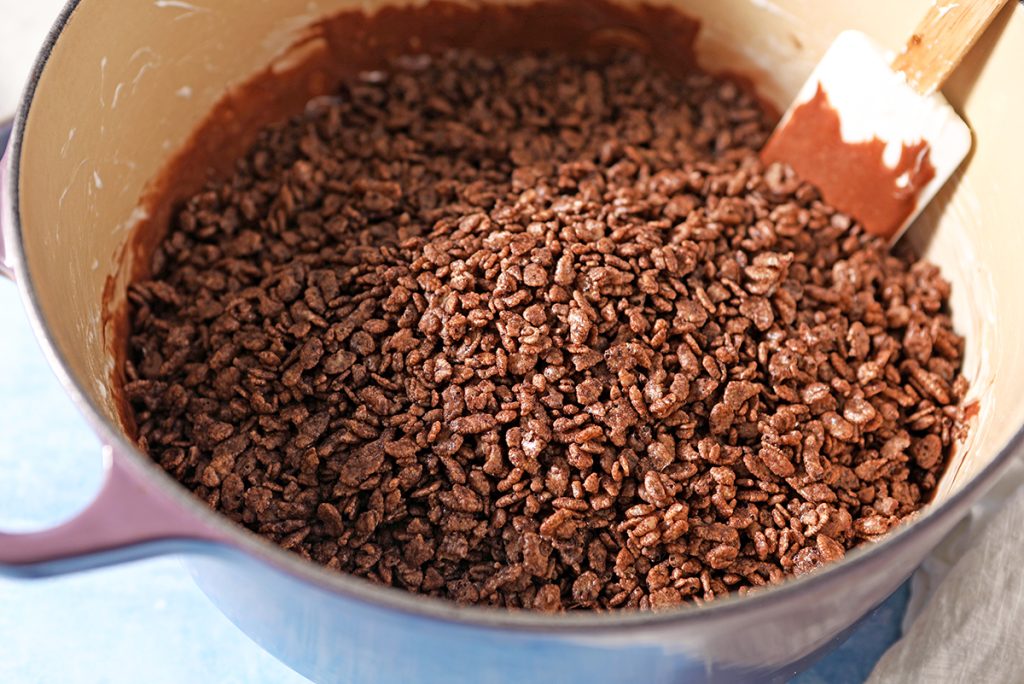 chocolate krispies added to pan