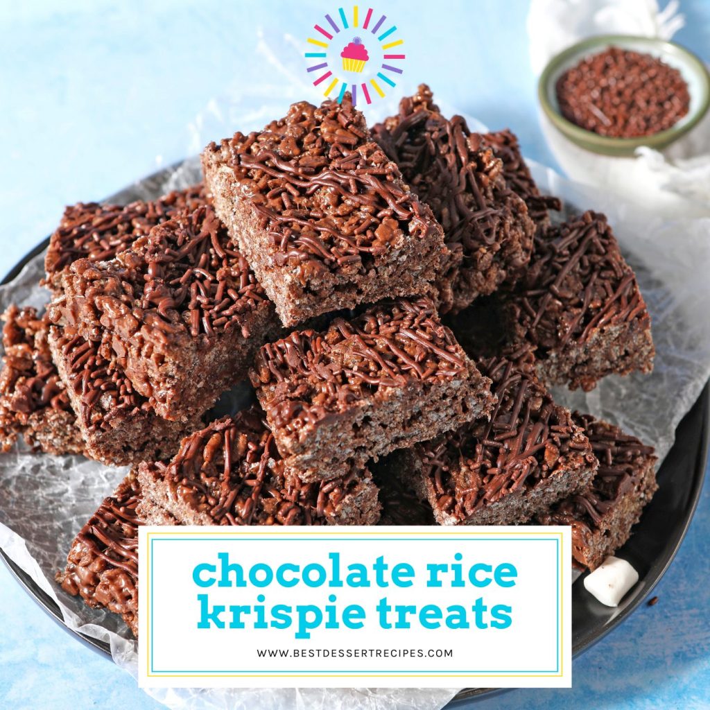 plate with stack of chocolate rice krispie treats with text overlay for facebook