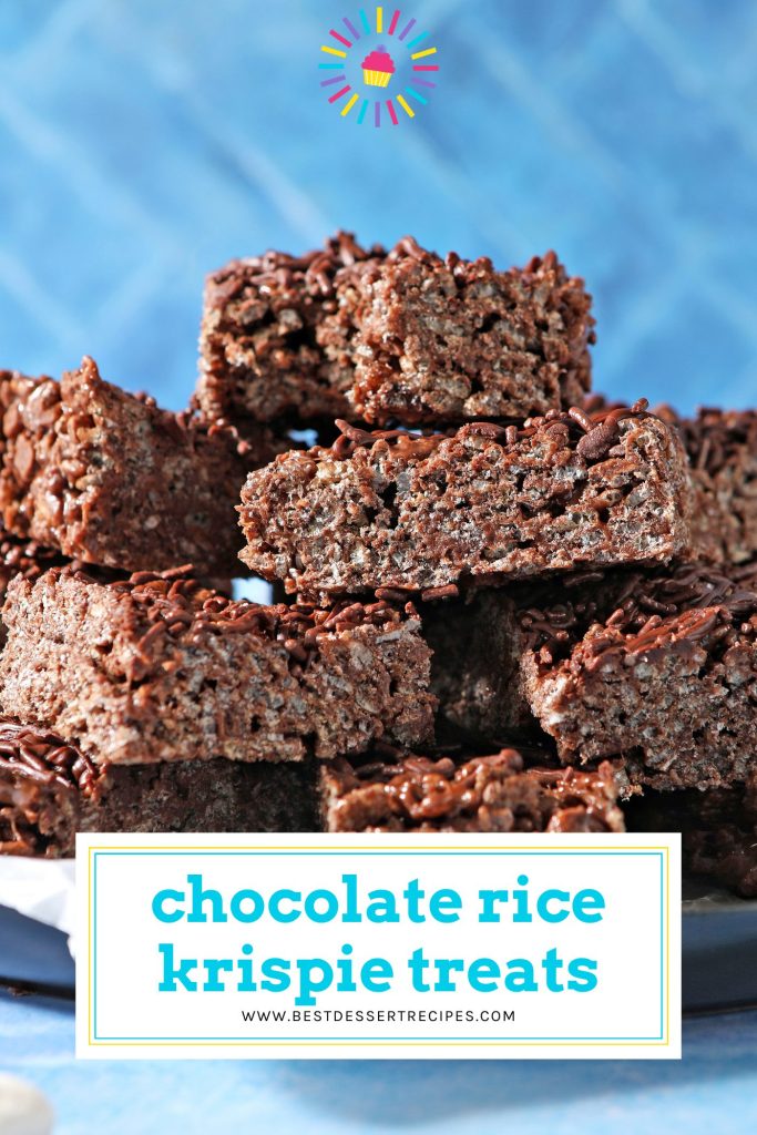 straight on shot of stack of chocolate rice krispie treats with text overlay for pinterest