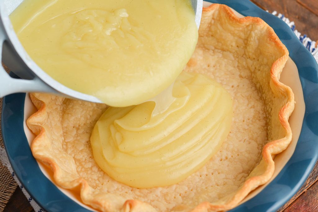 creme brulee filling poured into pie crust