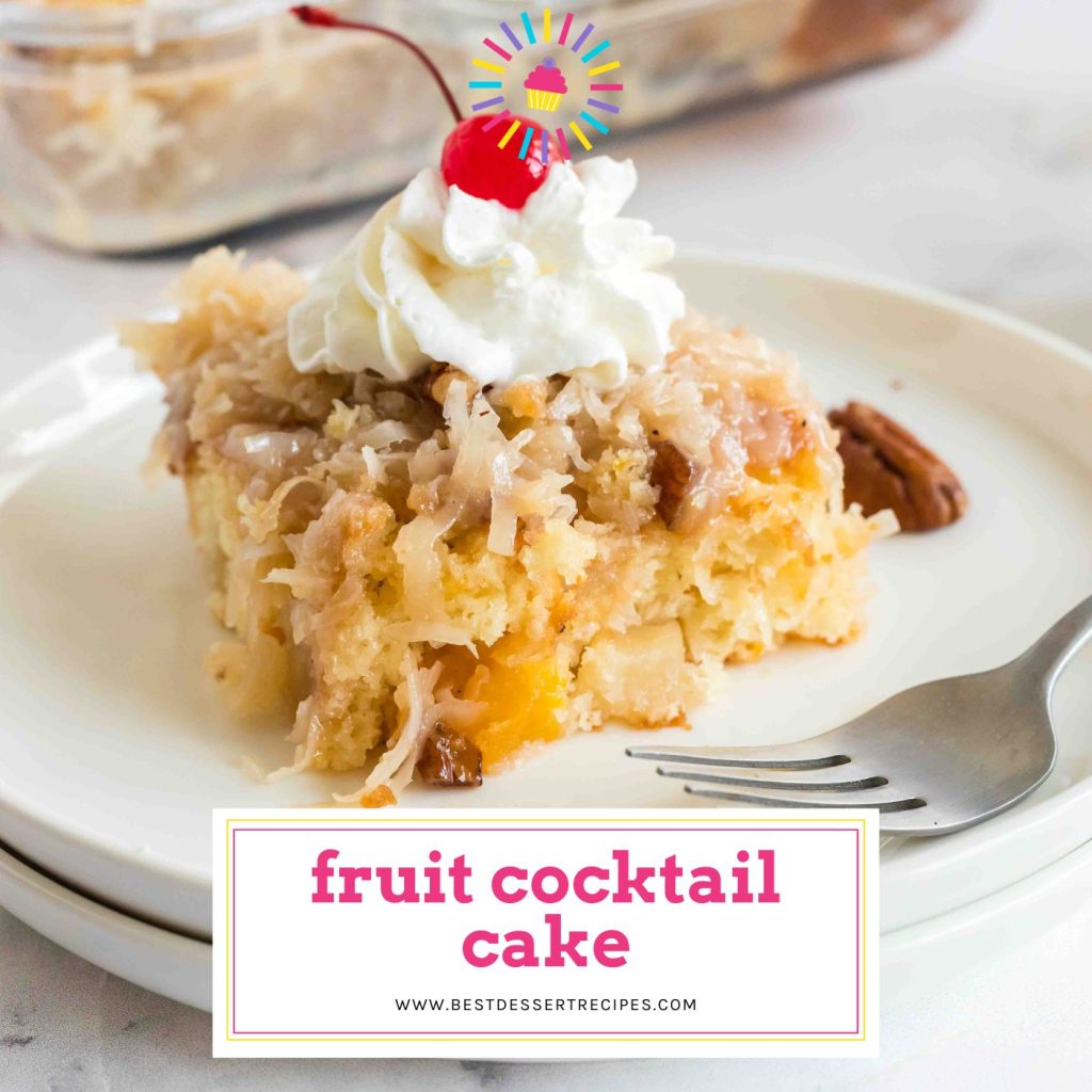slice of fruit cocktail cake on a plate with text overlay for facebook