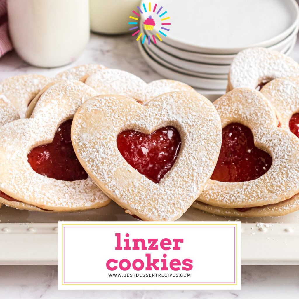 angled shot of linzer cookies on a platter with text overlay for facebook