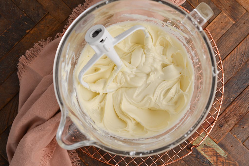 overhead shot of frosting in mixing bowl