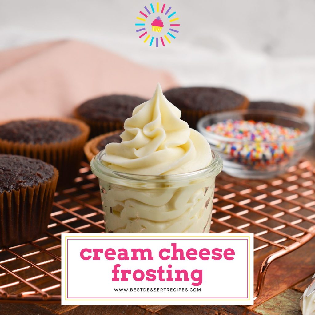 jar of cream cheese frosting with chocolate cupcakes with text overlay for facebook