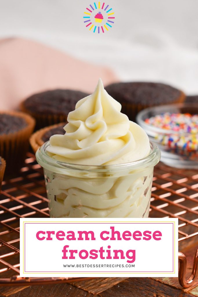 jar of cream cheese frosting with text overlay for pinterest