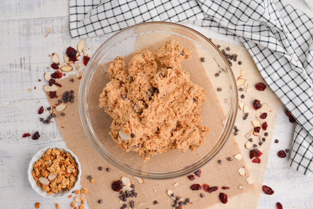 overhead shot of cookie dough in a bowl