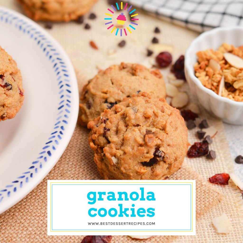 angled shot of two granola cookies with text overlay for facebook