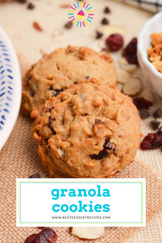 angled shot of two granola cookies with text overlay for pinterest