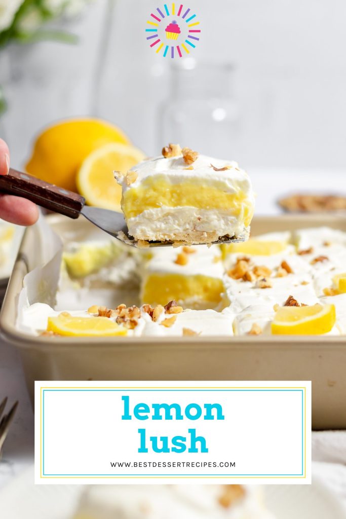 slice of lemon lush on spatula with text overlay for pinterest