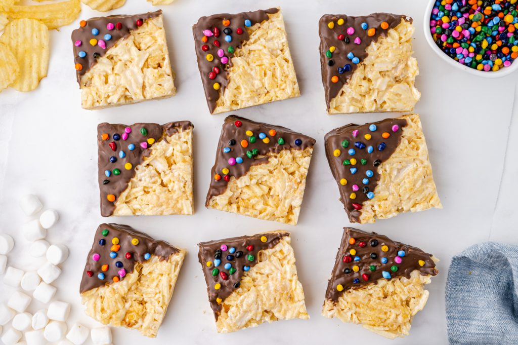 overhead shot of 9 potato chip marshmallow bars dipped in chocolate