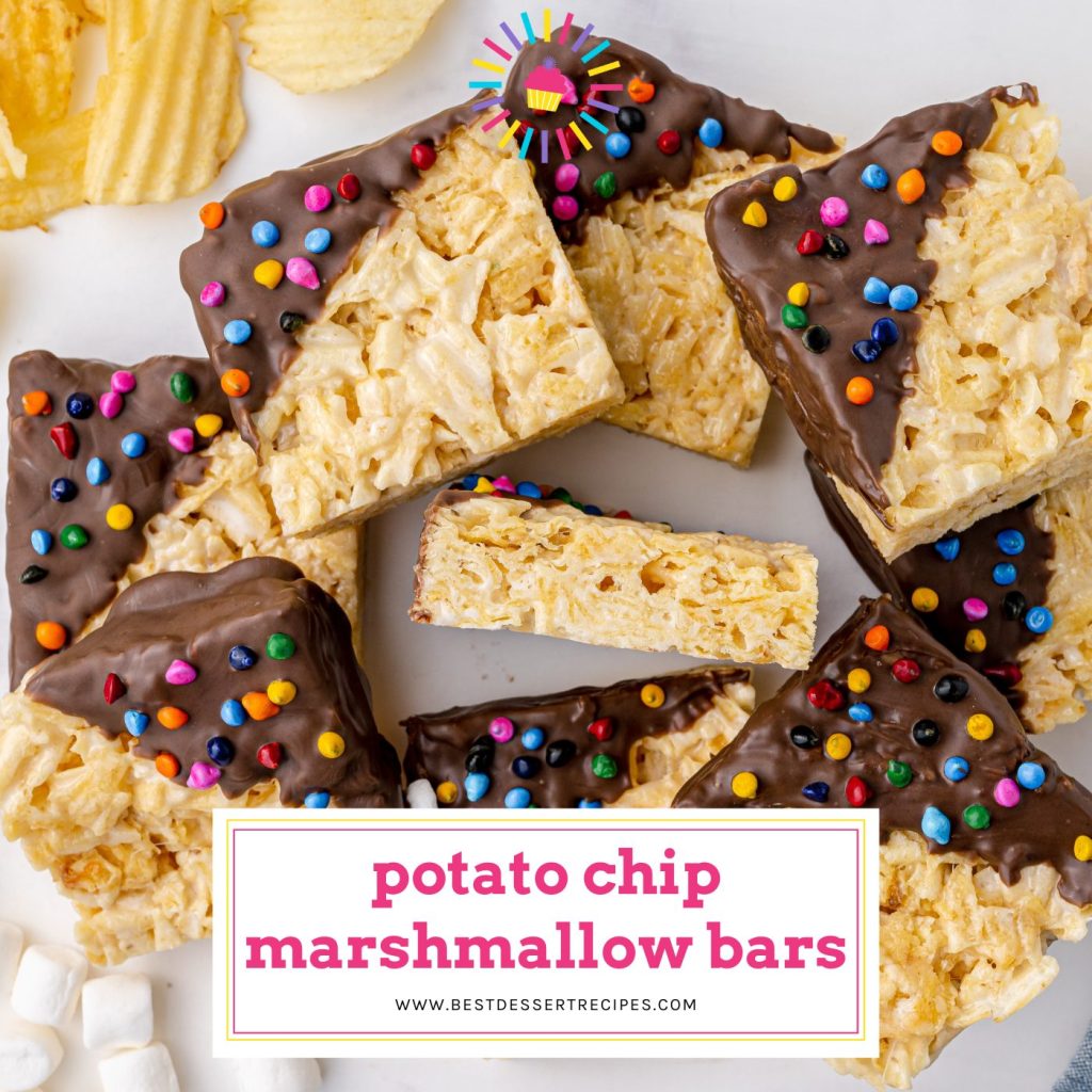 overhead shot of pile of potato chip marshmallow bars with text overlay for facebook