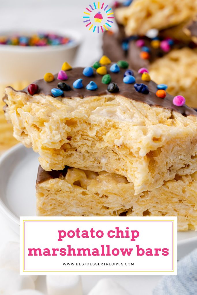 bite taken out of stack of potato chip marshmallow bars with text overlay for pinterest