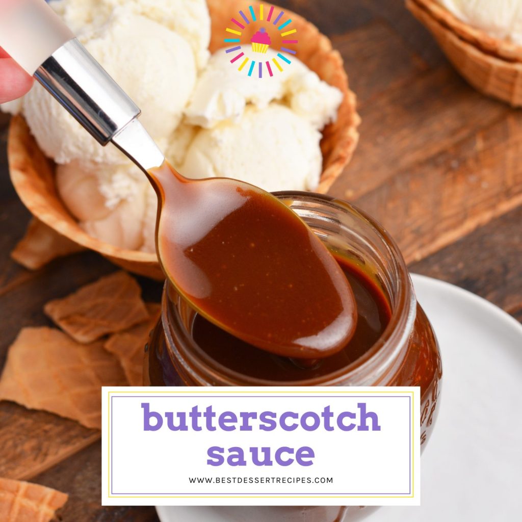 spoon dipping into jar of butterscotch sauce with text overlay for facebook
