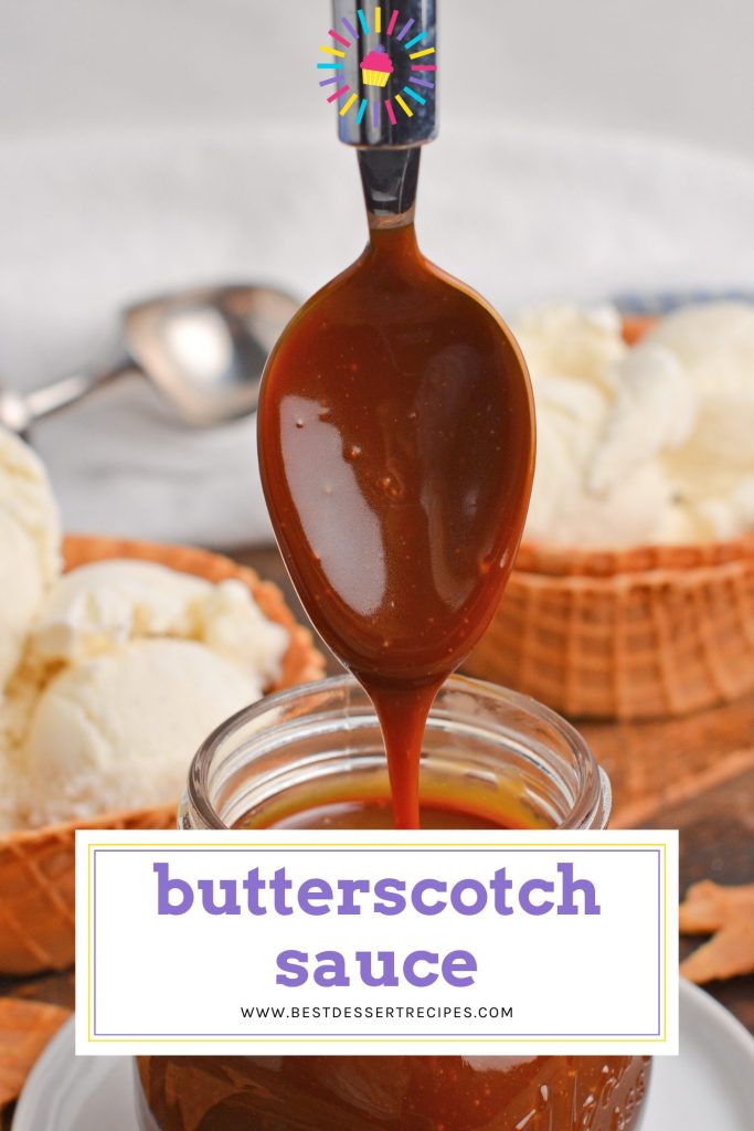 spoon dripping with butterscotch sauce with text overlay for pinterest