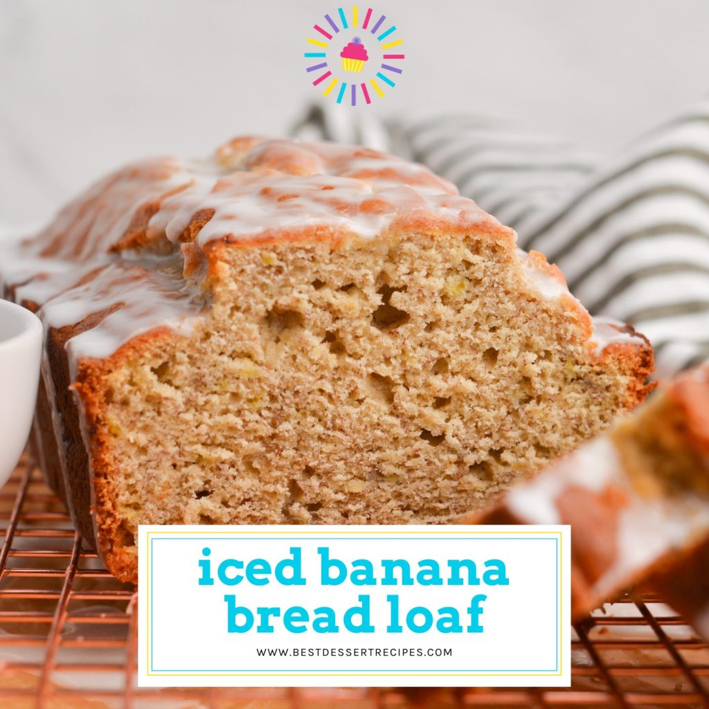 straight on shot of sliced banana bread with text overlay for facebook