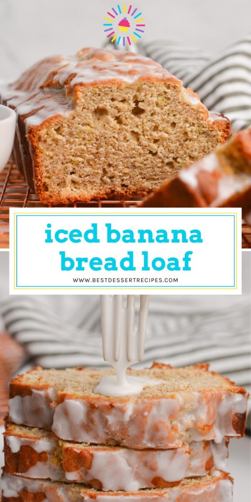 collage of iced banana bread for pinterest