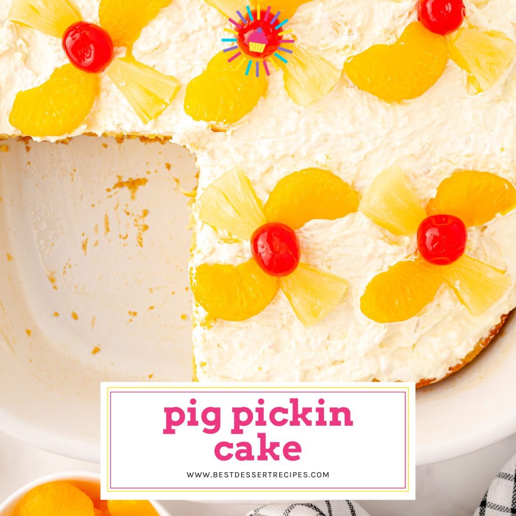 close up of slice pig pickin cake with text overlay for facebook