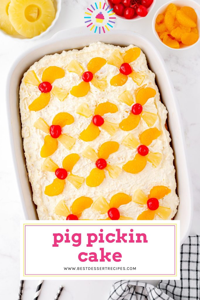 overhead shot of pig pickin cake in pan with text overlay for pinterest