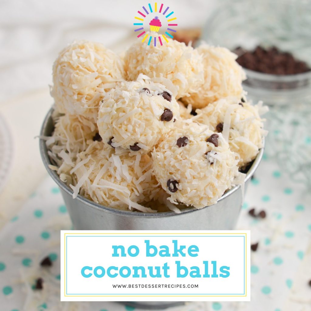 angled shot of bowl of coconut balls with text overlay for facebook