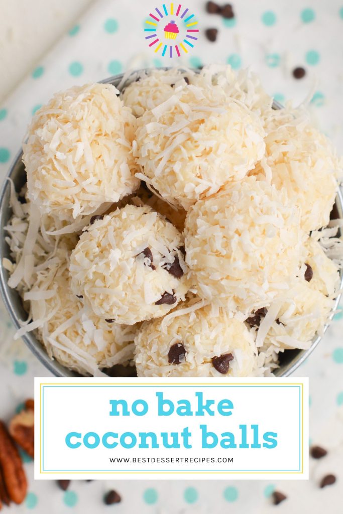 overhead shot of bowl of coconut balls with text overlay for pinterest