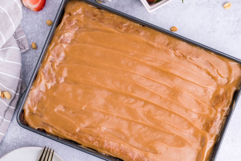 overhead shot of frosted peanut butter sheet cake